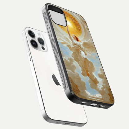 Divine Light Angel Glass Case for iPhone 14 Pro floating mockup showing gloss texture and radiant light