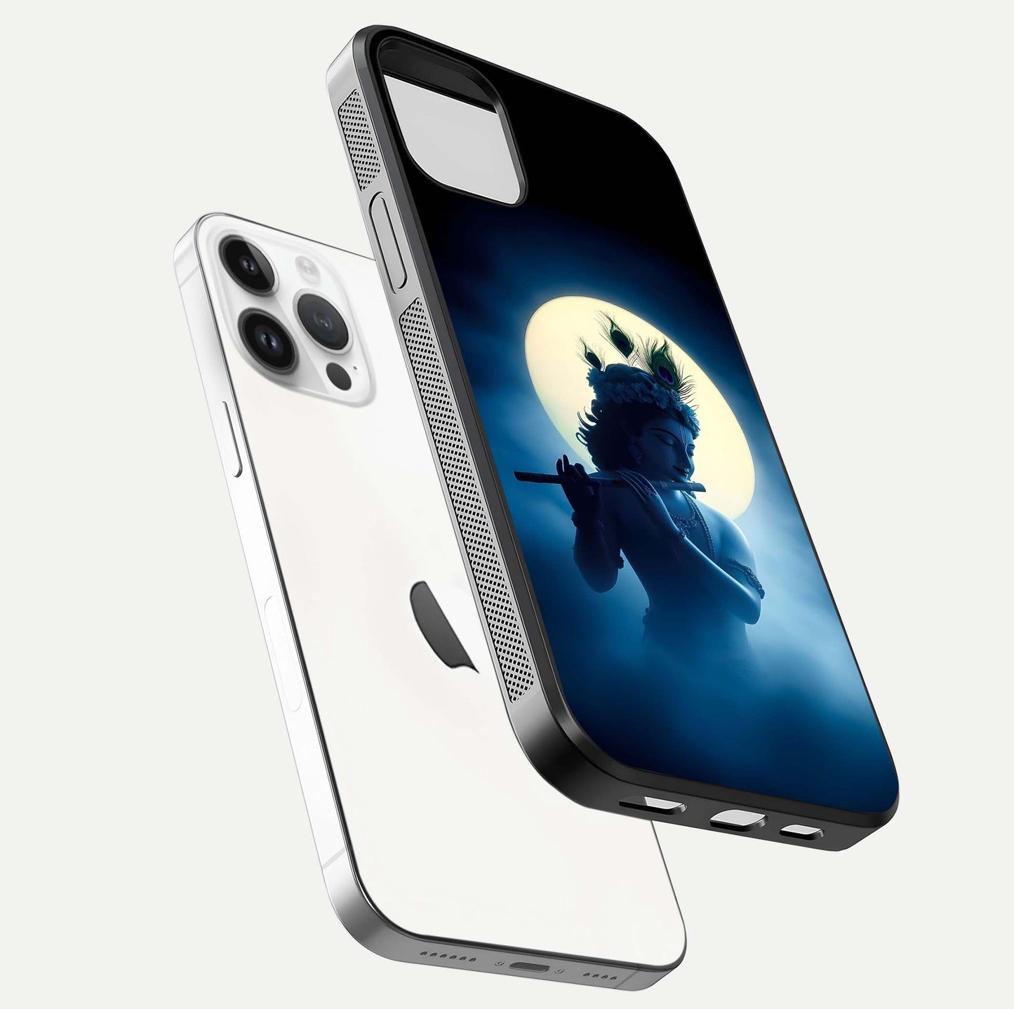 Divine Moon Flute Glass Case for iPhone 14 Pro floating mockup showing HD gloss and luminous texture