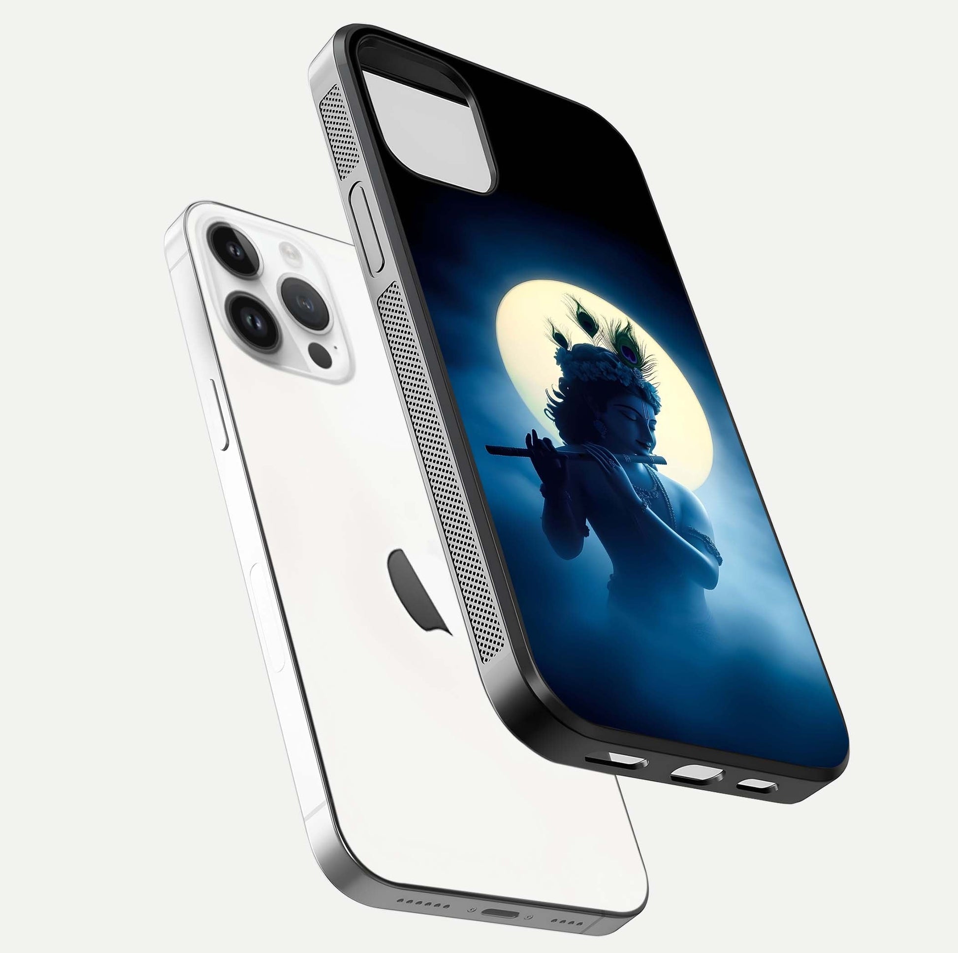 Divine Moon Flute Glass Case for iPhone 14 Pro floating mockup showing HD gloss and luminous texture