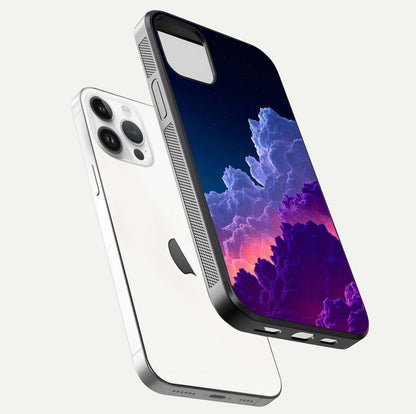 Dreamy Cloud Skies Glass Case for iPhone 14 Pro floating mockup showing glossy depth and delicate tone