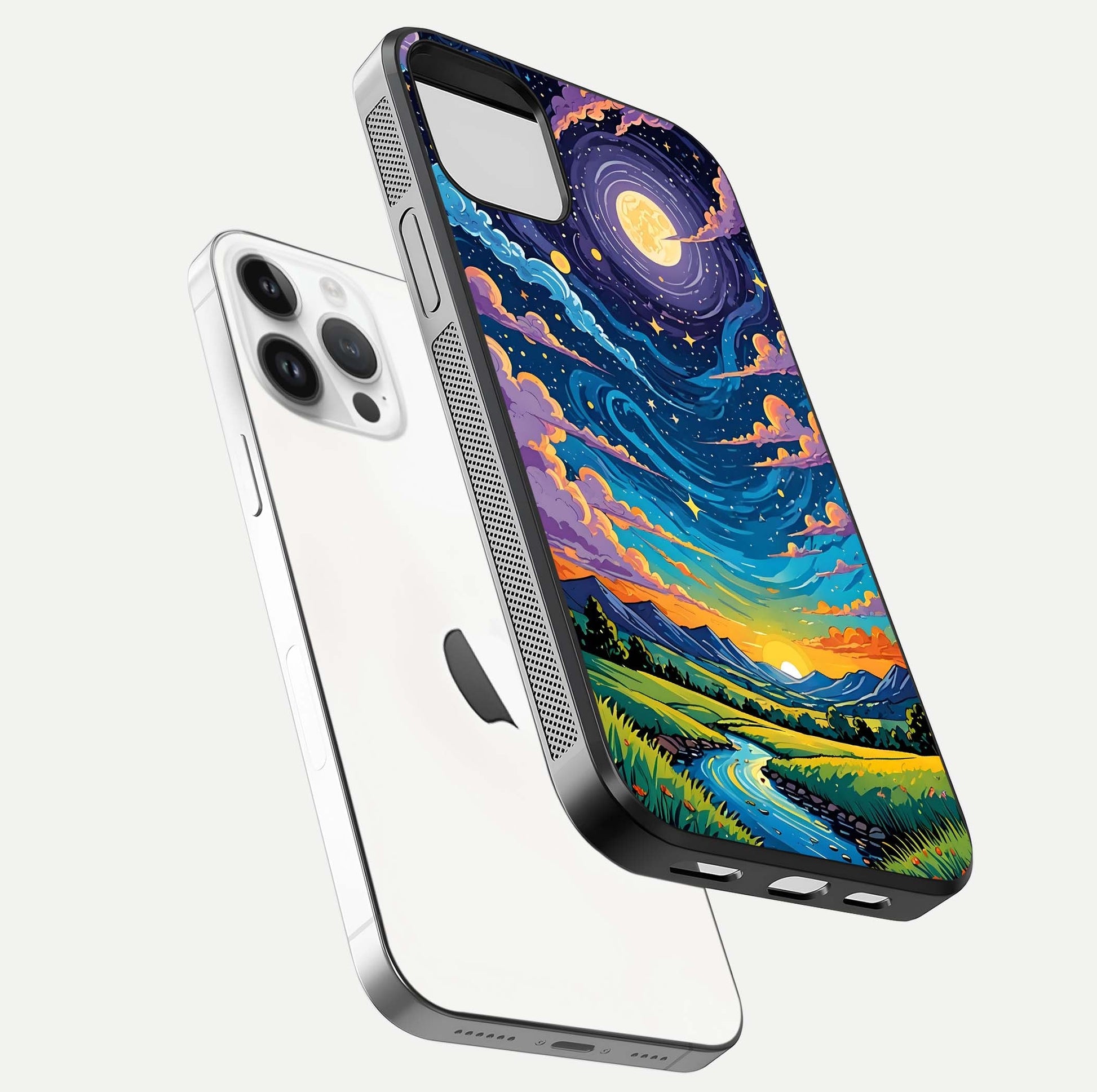 Dreamy Night Landscape Glass Case for iPhone 14 Pro floating mockup showing glossy depth and serene color