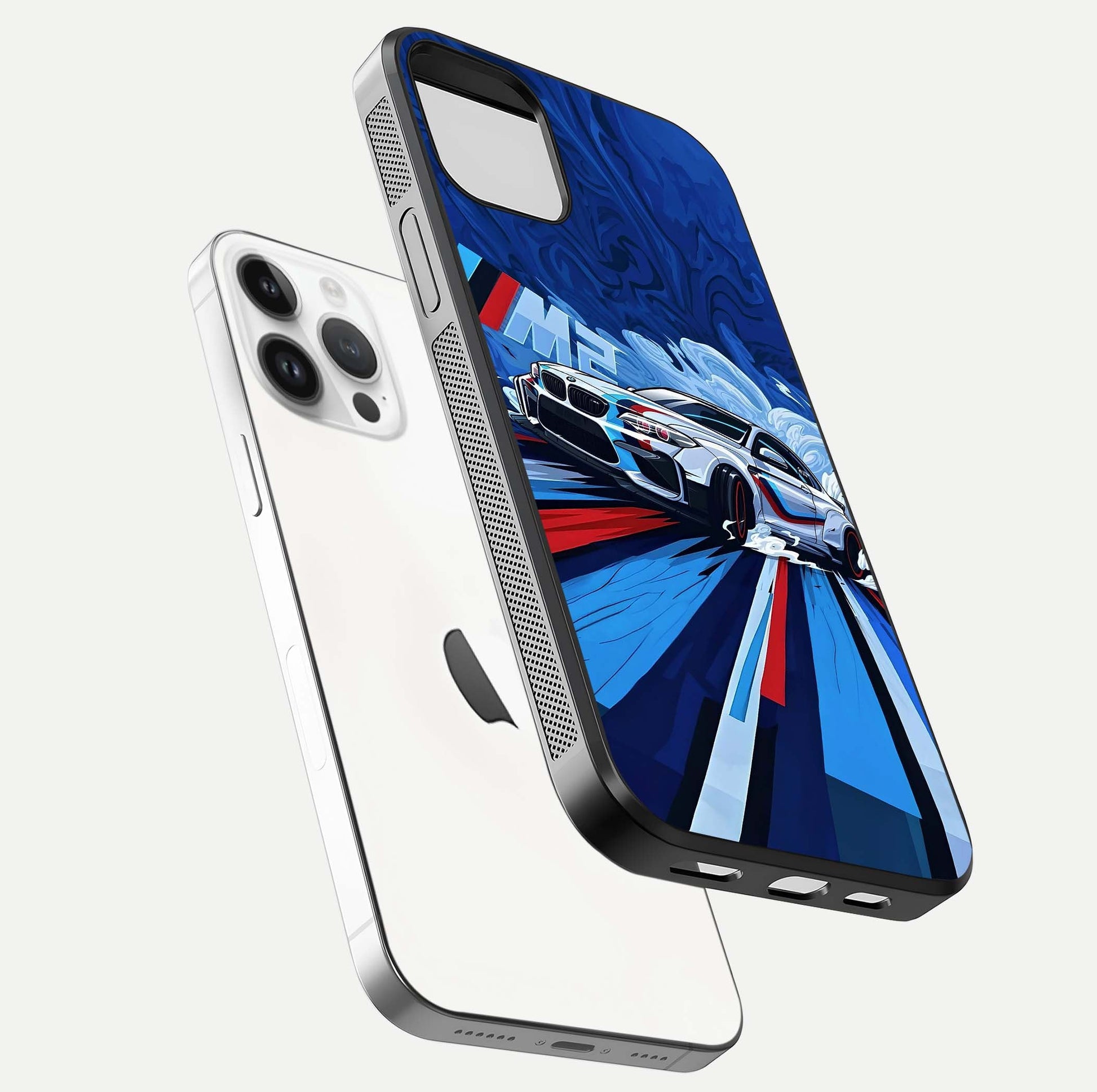 Drift Power Rush Glass Case for iPhone 14 Pro floating mockup showing gloss polish and speed-theme design