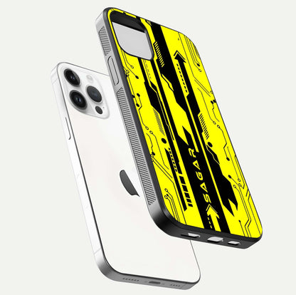 Electric Pulse CYBERPUNK Custom Name Glass Case for iPhone 14 Pro floating mockup showing HD gloss and vibrant cyberpunk glow