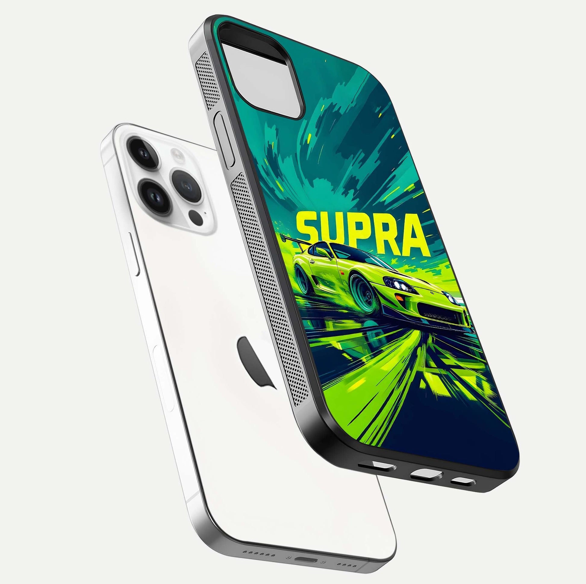 Electric Supra Thunder Glass Case for iPhone 14 Pro floating mockup showing gloss depth and energy glow
