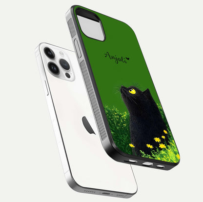 Emerald Cat Custom Name Glass Case for iPhone 14 Pro floating mockup showing HD gloss and soft gradient