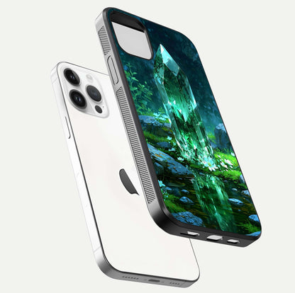 Emerald Light Crystal Glass Case for iPhone 14 Pro floating mockup showing glossy finish and radiant light pattern