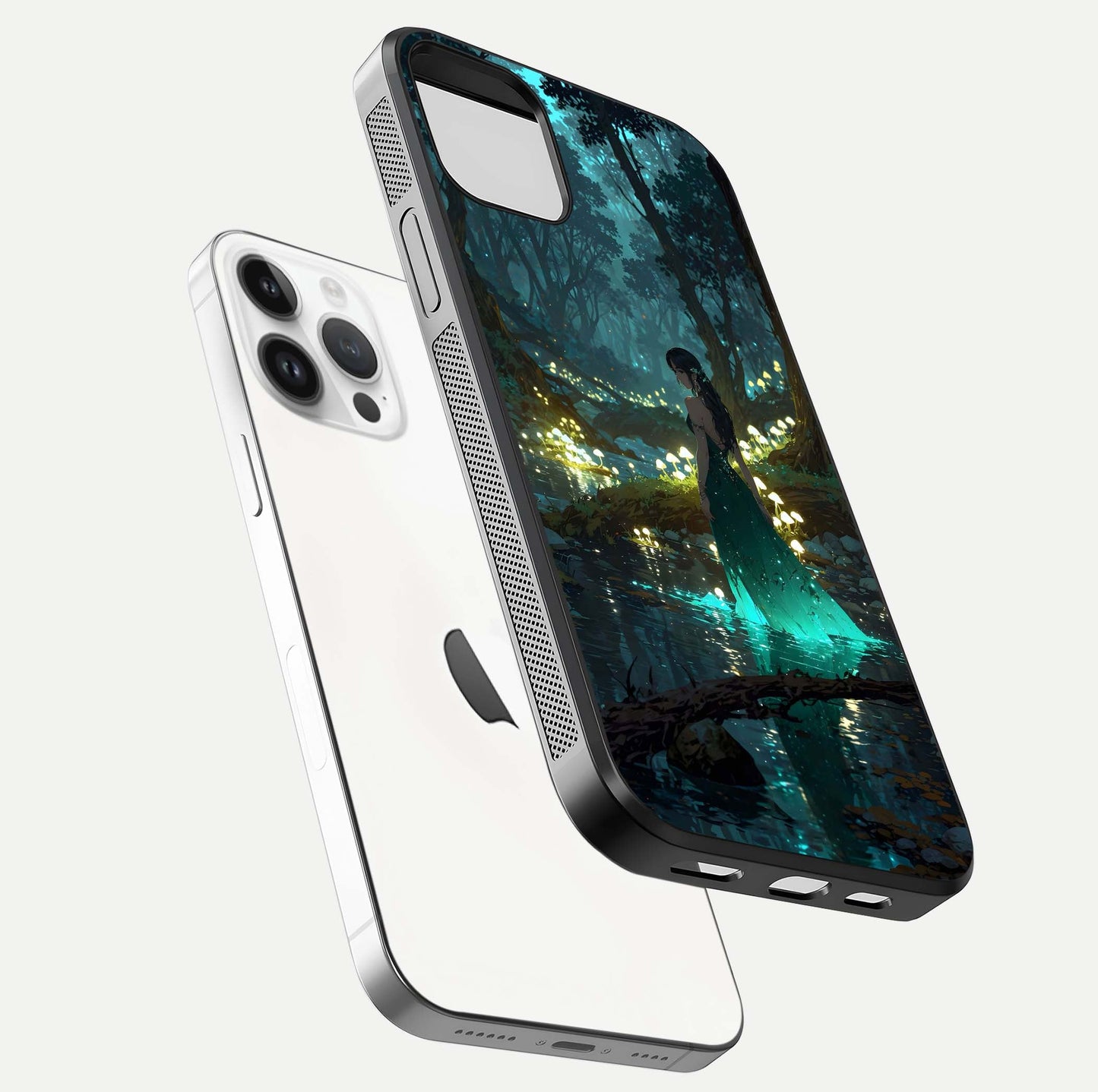 Enchanted Forest Glow Glass Case for iPhone 14 Pro floating mockup showing gloss polish and fantasy vibe