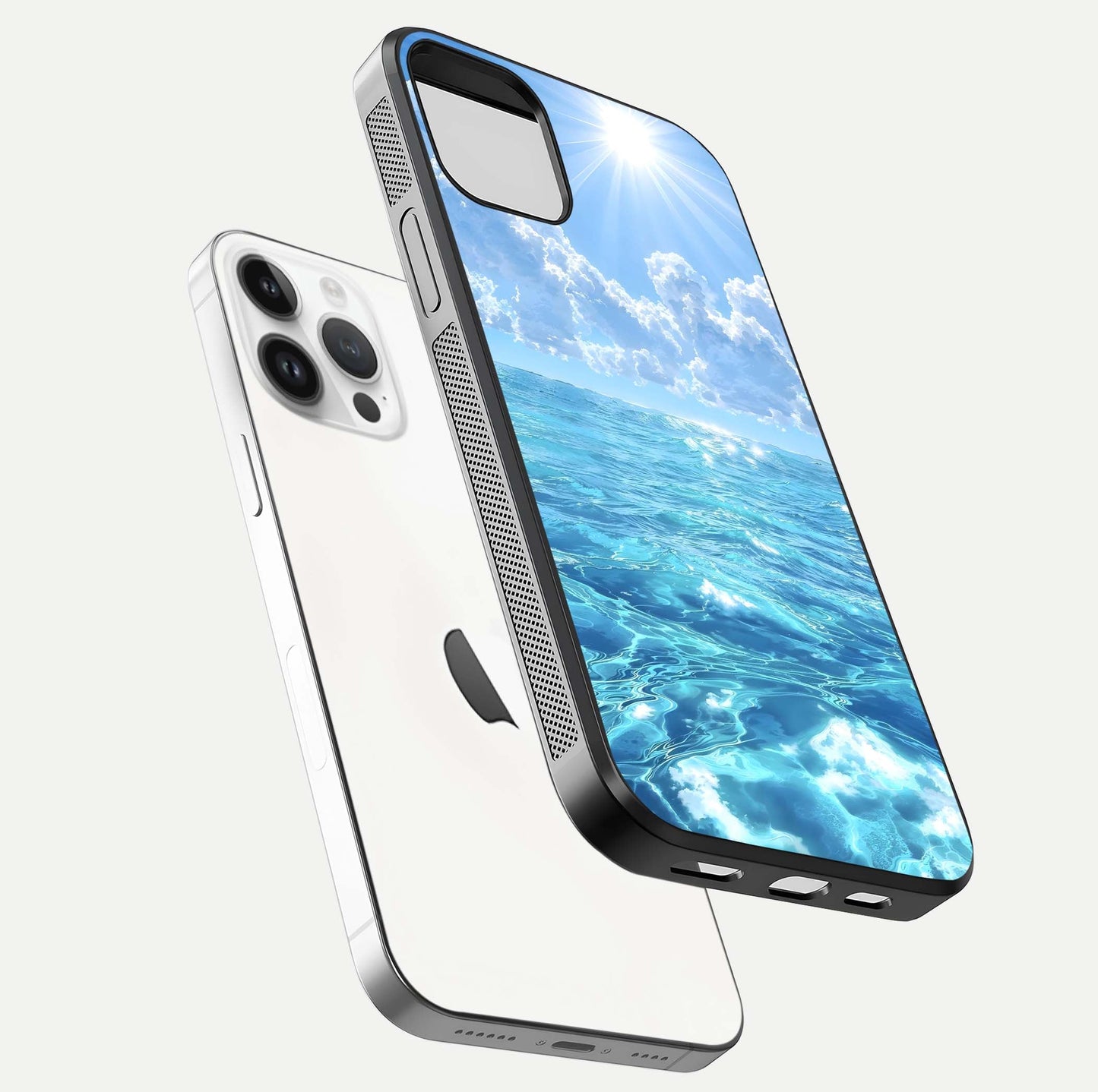 Endless Ocean Horizon Glass Case for iPhone 14 Pro floating mockup showing HD gloss and tranquil color