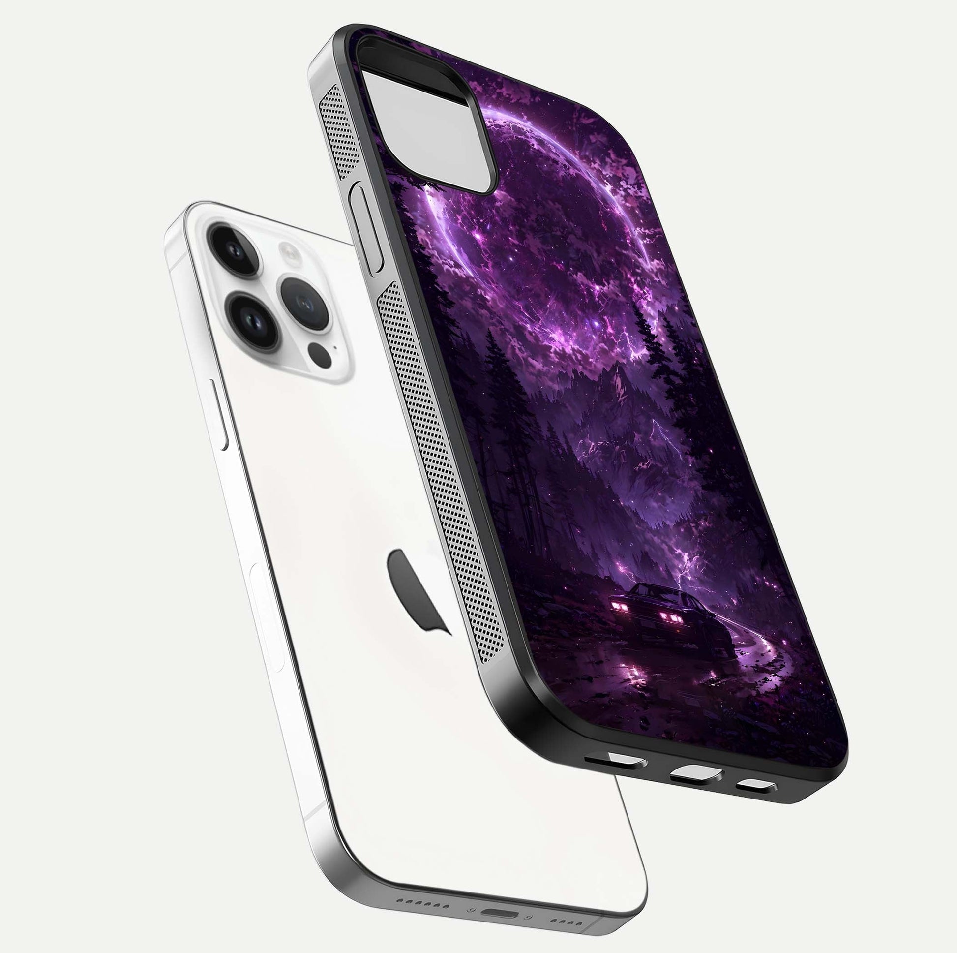 Eternal Cosmic Drive Glass Case for iPhone 14 Pro floating mockup showing glossy polish and vivid glow