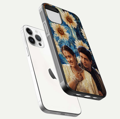 Eternal Love Story Glass Case for iPhone 14 Pro floating mockup showing glossy shine and romantic tone
