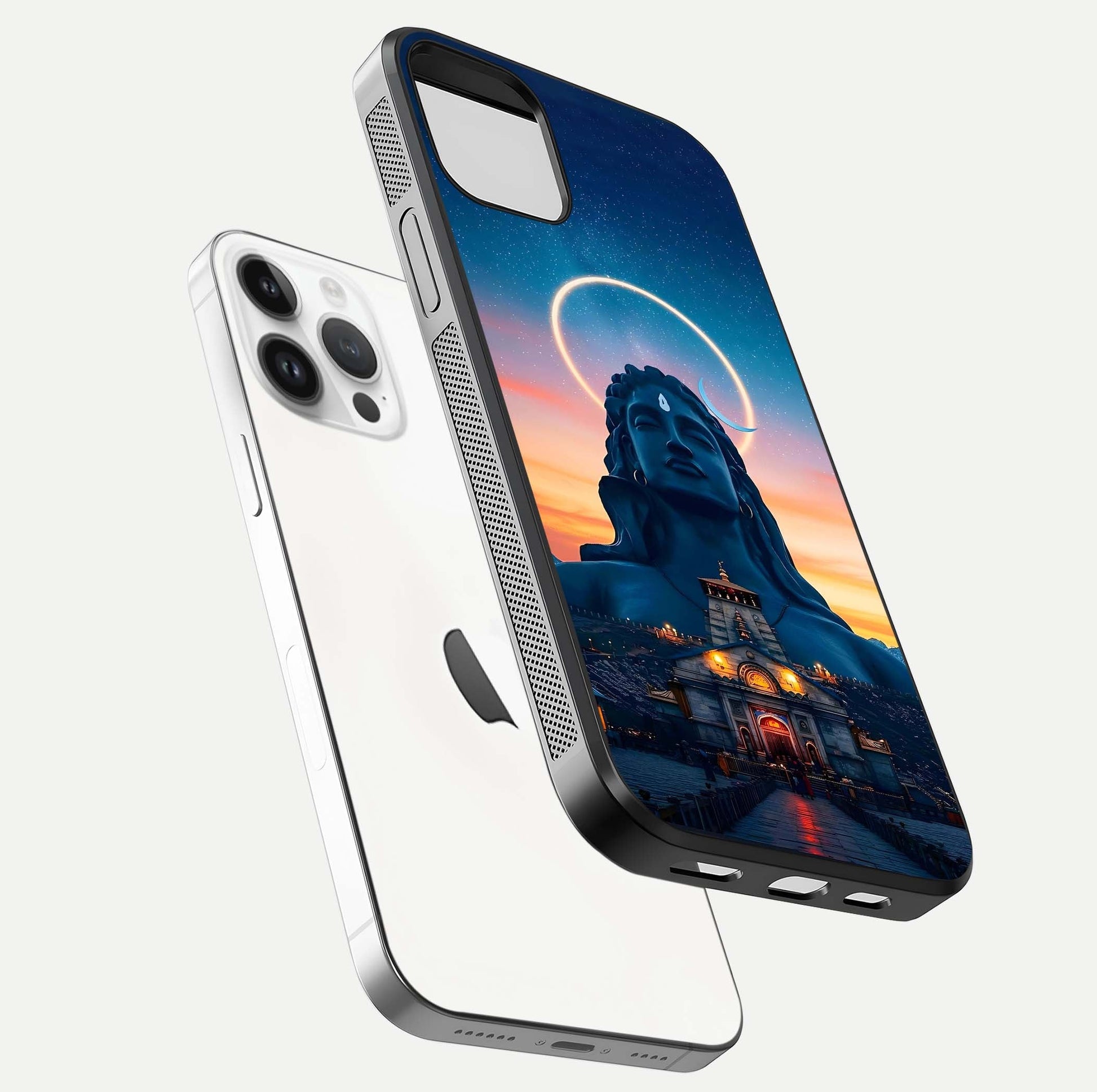 Eternal Shiva Aura Glass Case for iPhone 14 Pro floating mockup showing gloss texture and spiritual glow