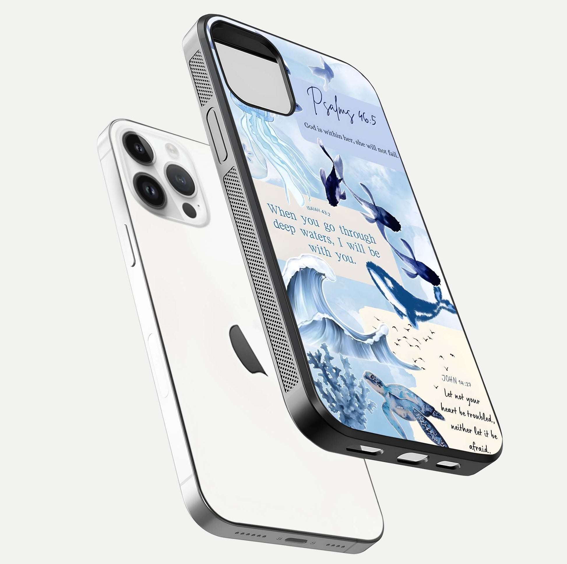Faithful Ocean Promise Glass Case for iPhone 14 Pro floating mockup displaying glossy surface and vivid depth