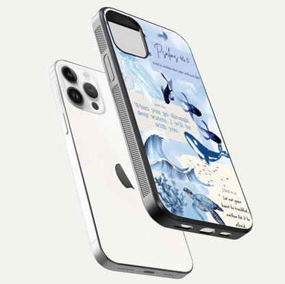 Faithful Ocean Promise Glass Case for iPhone 14 Pro floating mockup displaying glossy surface and vivid depth