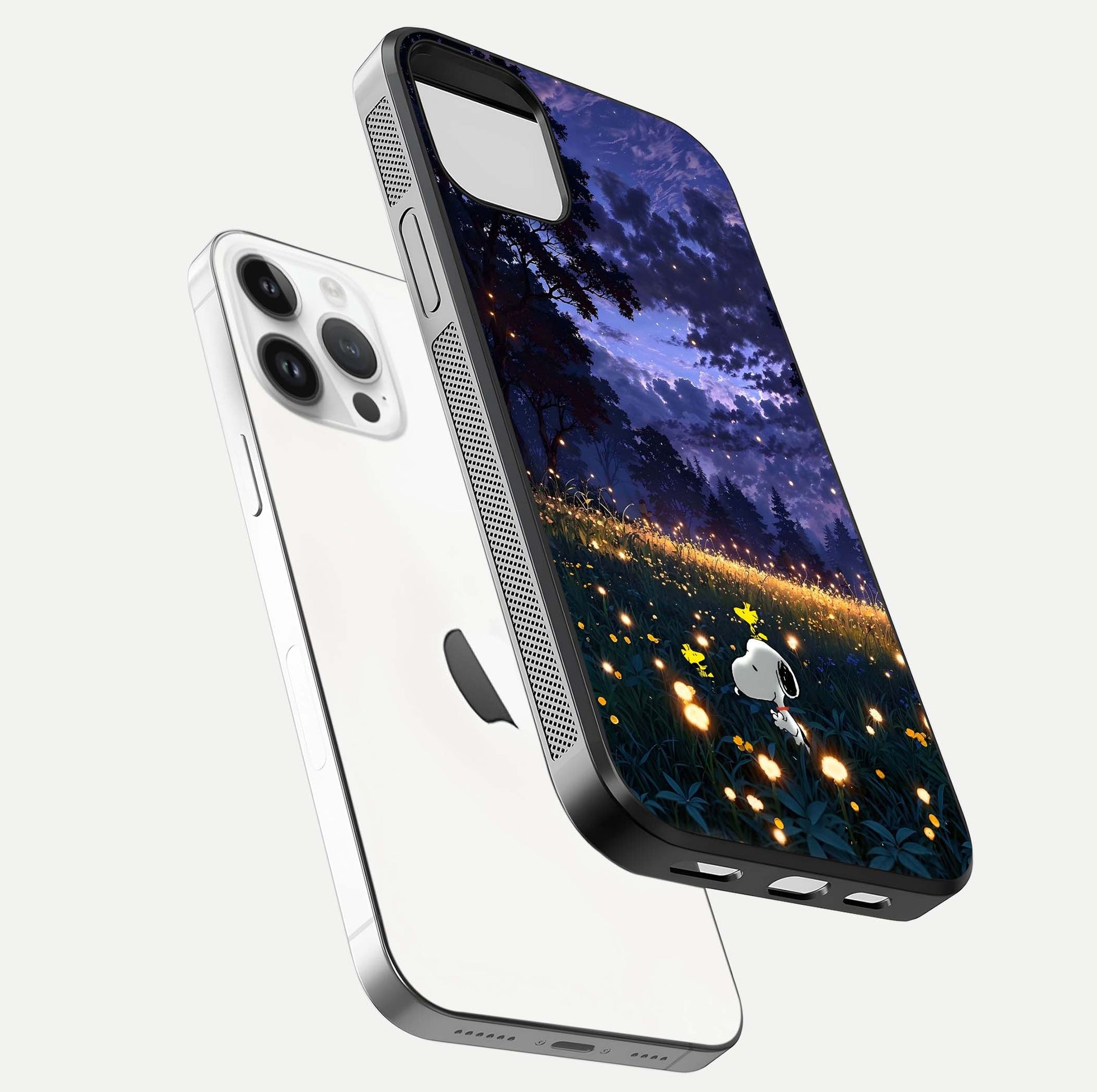 Firefly Meadow Magic Glass Case for iPhone 14 Pro floating mockup showing gloss polish and magical night hues