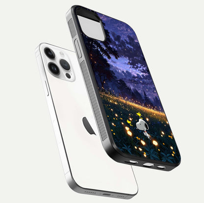 Firefly Meadow Magic Glass Case for iPhone 14 Pro floating mockup showing gloss polish and magical night hues