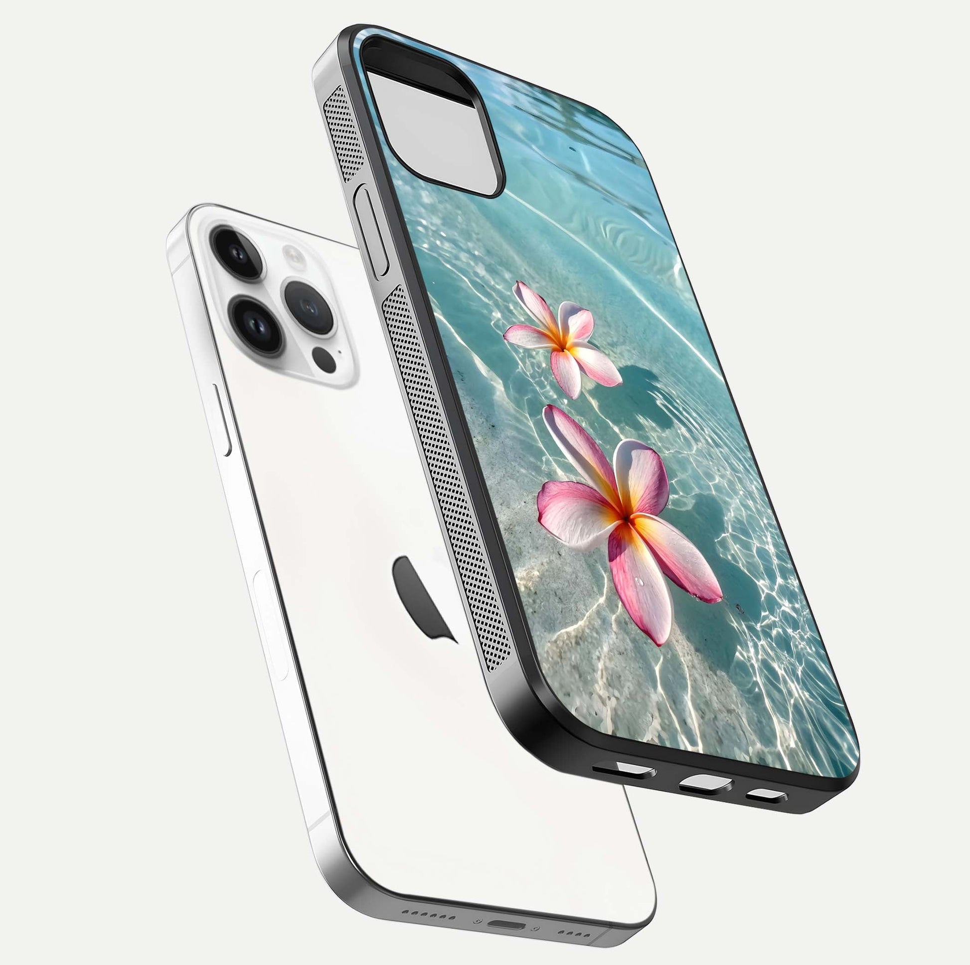 Floating Bloom Bliss Glass Case for iPhone 14 Pro floating mockup showing HD gloss shine and floral texture
