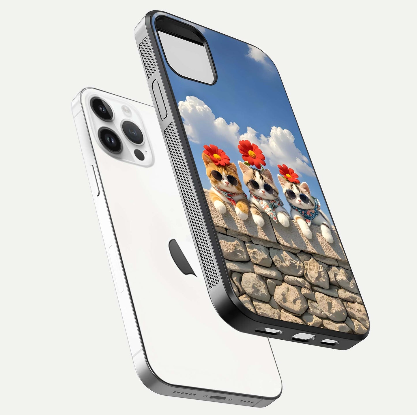 Floral Kitty Squad Glass Case for iPhone 14 Pro floating mockup showing gloss texture and playful charm