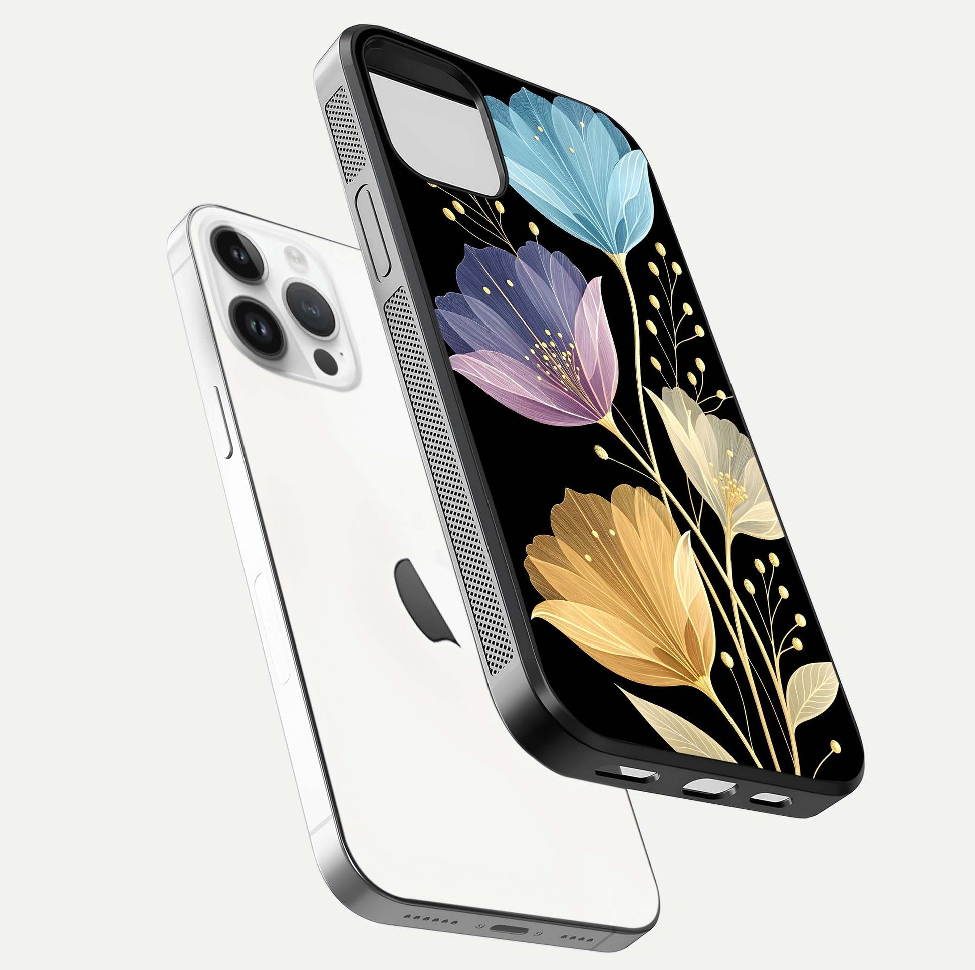 Flower Bloom Glow Glass Case for iPhone 14 Pro floating mockup showing HD shine and artistic detail