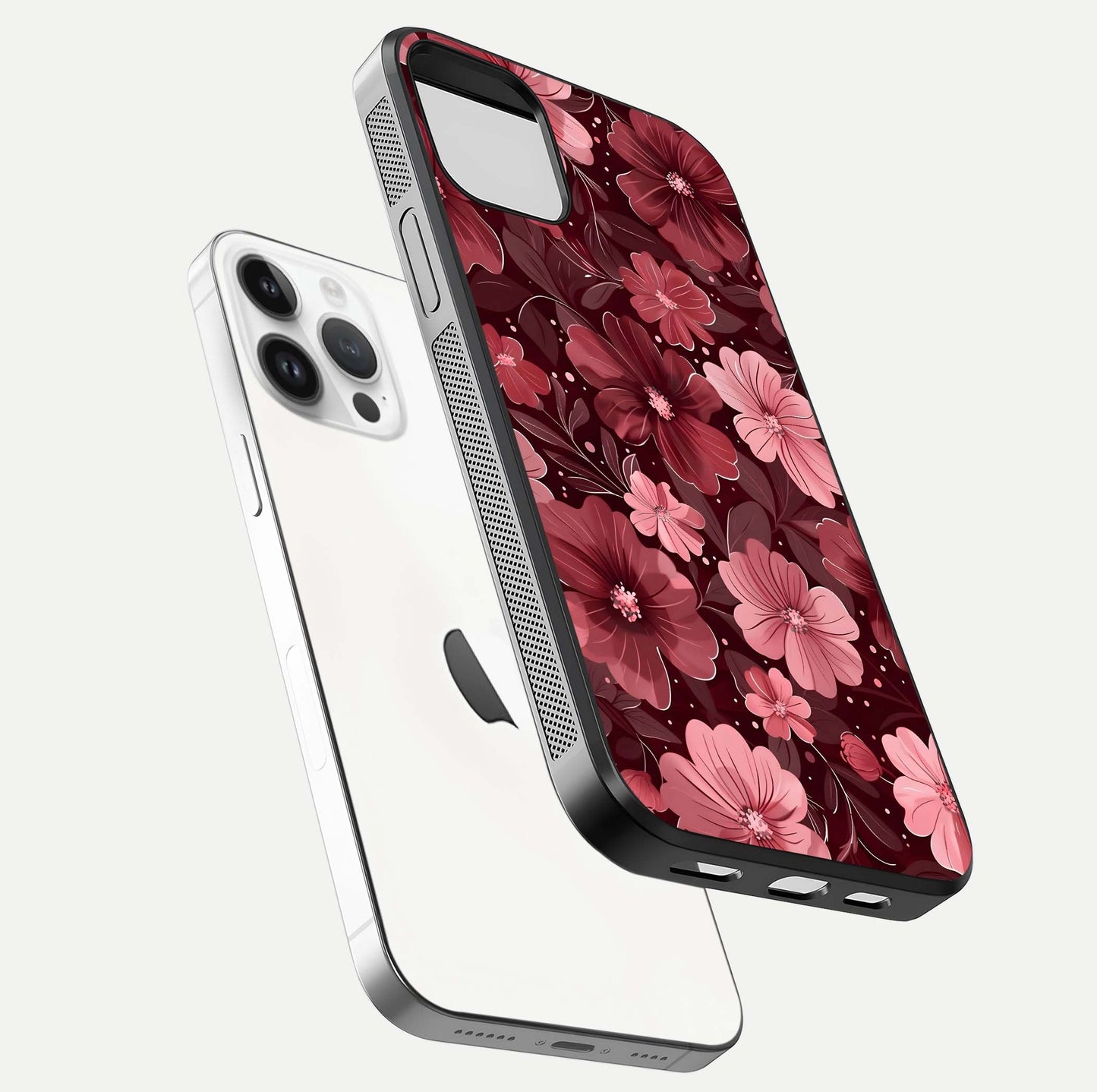 Flower Blush Bloom Glass Case for iPhone 14 Pro floating mockup showing shine polish and elegant look