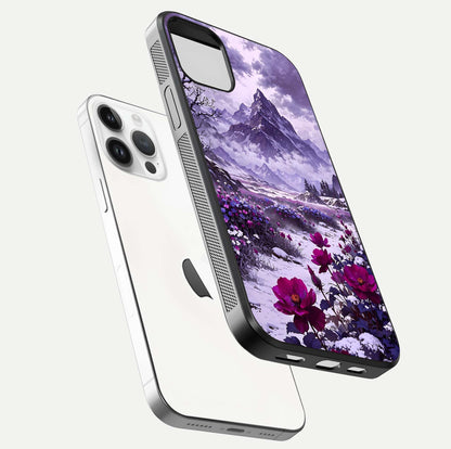 Flower Mountain View Glass Case for iPhone 14 Pro floating mockup showing reflection glow and artistic clarity