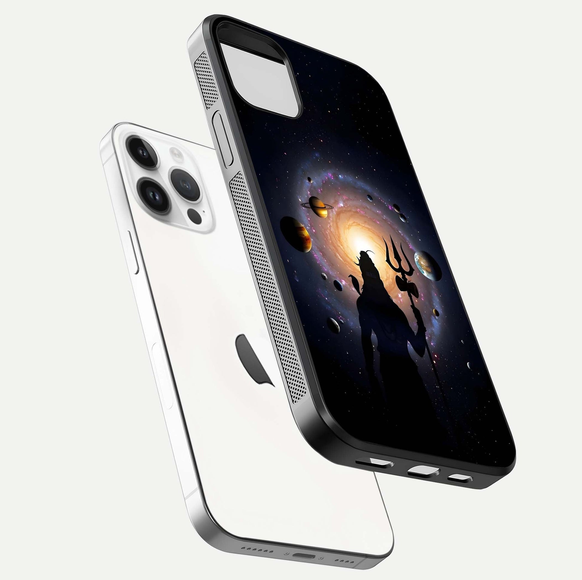 Galactic Shiva Vision Glass Case for iPhone 14 Pro floating dual-view mockup displaying vibrant cosmic colors and smooth gloss texture