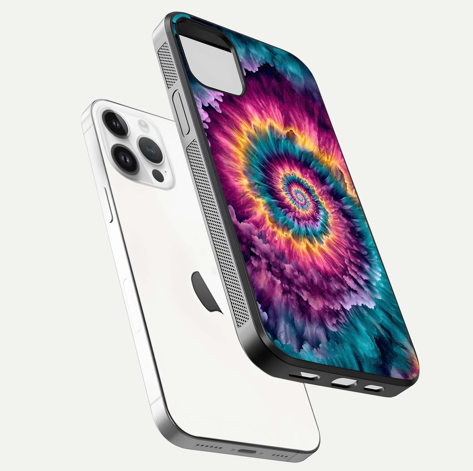 Galactic Spiral Burst Glass Case for iPhone 14 Pro floating dual-view mockup displaying light trails and smooth gloss shine