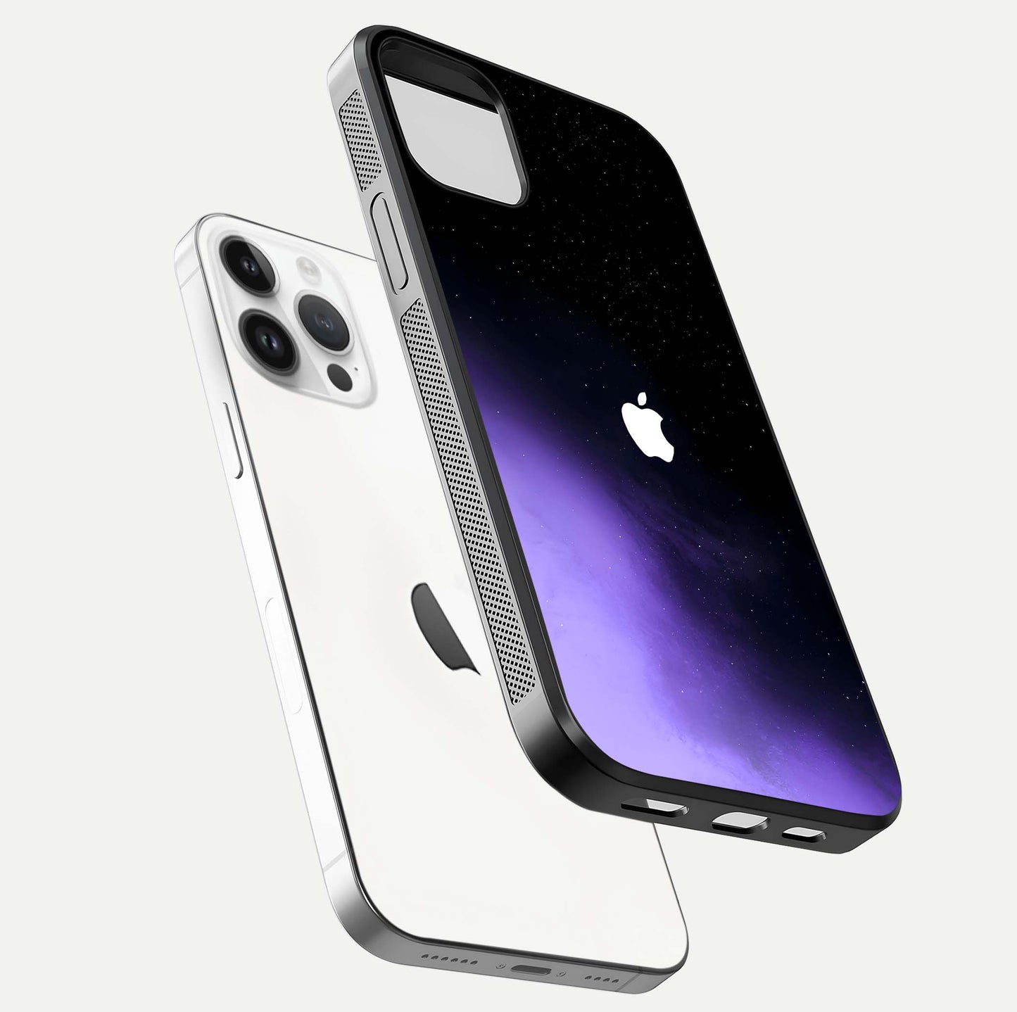 Galaxy Apple Aura Glass Case for iPhone 14 Pro floating dual-view mockup highlighting HD gloss and deep space color blend