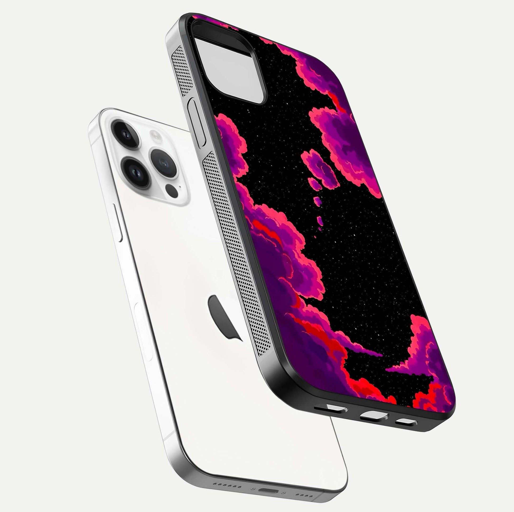 Galaxy Dream Frame Glass Case for iPhone 14 Pro floating dual-view mockup showing vibrant gloss and space-themed tones