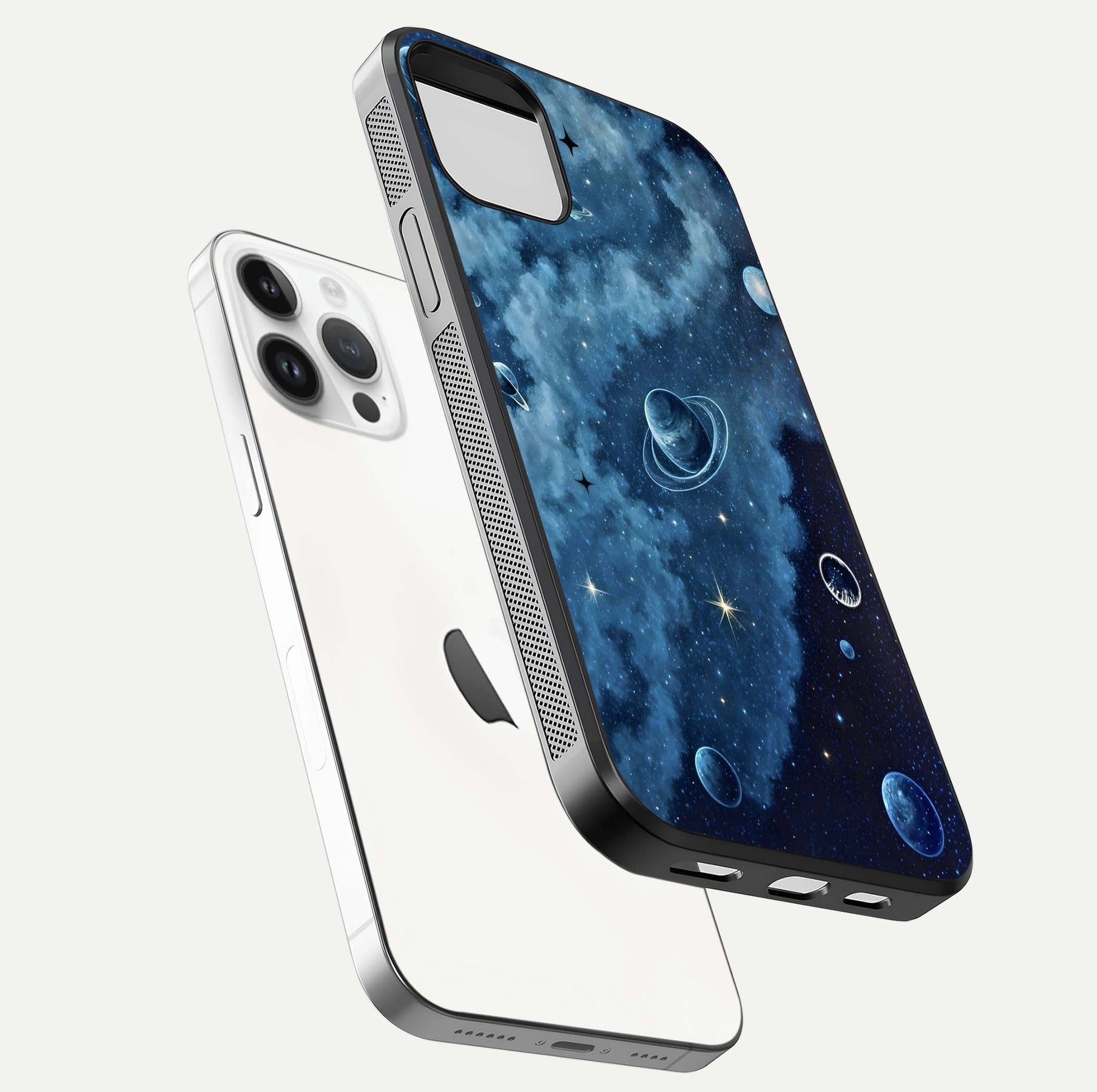 Galaxy Dream Space Glass Case for iPhone 14 Pro floating dual-view mockup showing glossy finish and celestial depth