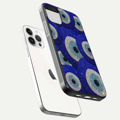 Galaxy Eye Flow Glass Case for iPhone 14 Pro floating dual-view mockup showing gloss polish and glowing tones