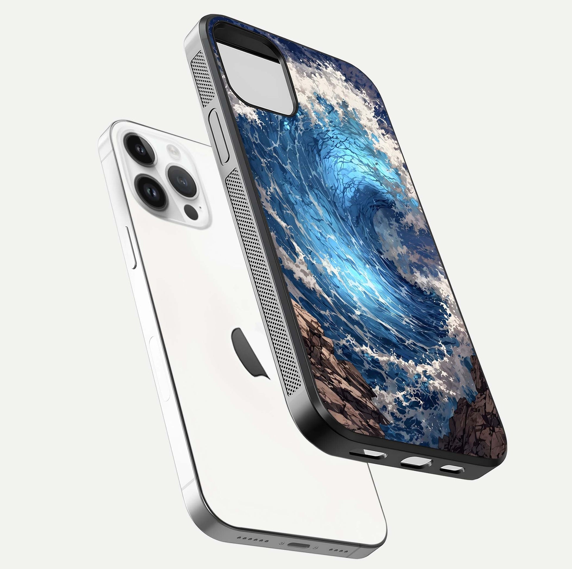Giant Ocean Wave Glass Case for iPhone 14 Pro floating dual-view mockup showing glossy depth and aquatic blue gradient