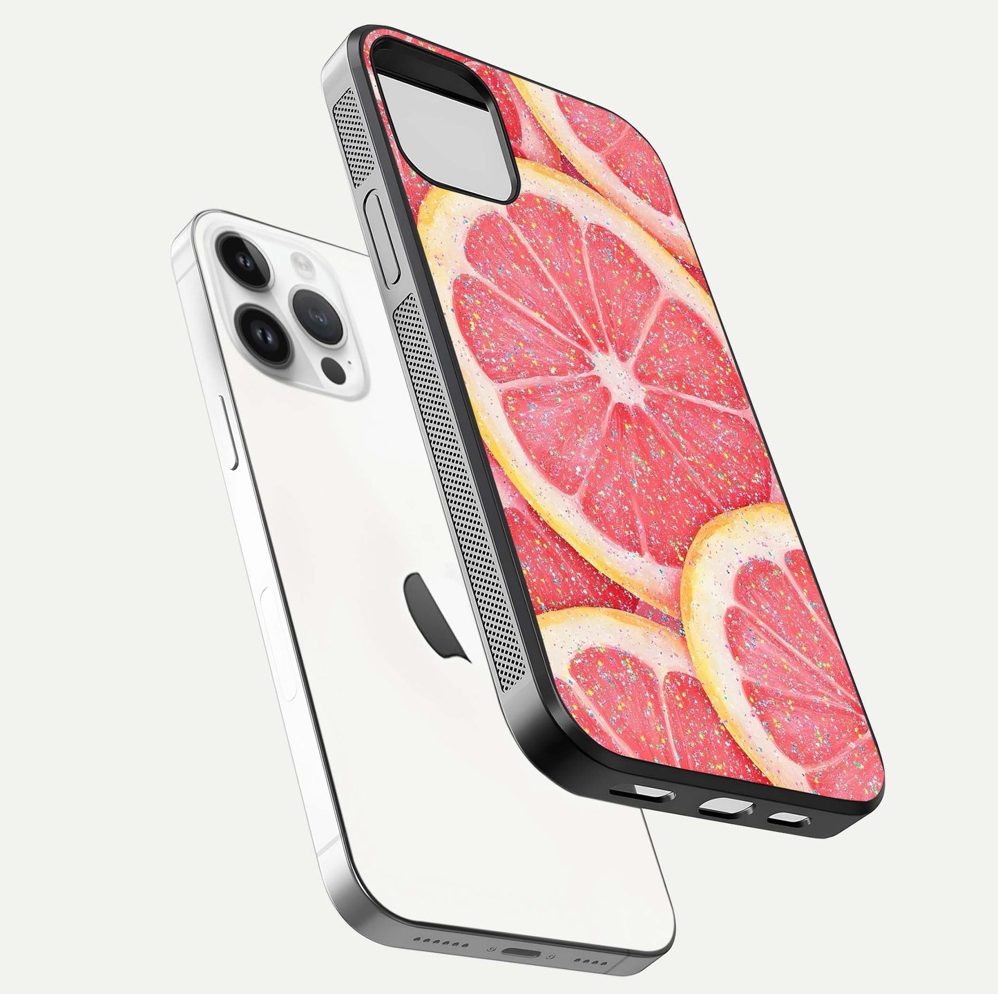 Glitter Grapefruit Glass Case for iPhone 14 Pro floating dual-view mockup showing HD gloss and fresh color detail