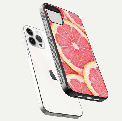 Glitter Grapefruit Glass Case for iPhone 14 Pro floating dual-view mockup showing HD gloss and fresh color detail