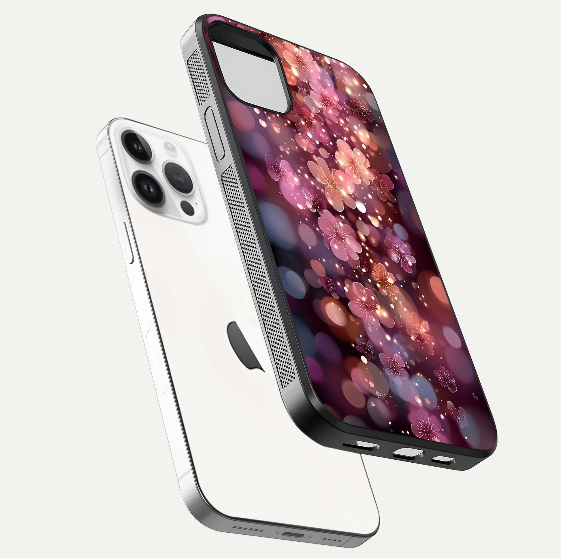 Glowing Petal Bliss Glass Case for iPhone 14 Pro floating dual-view mockup showing gloss brightness and delicate tone