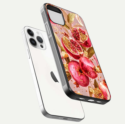 Golden Bloom Glow Glass Case for iPhone 14 Pro floating dual-view mockup showing glossy shine and golden shimmer
