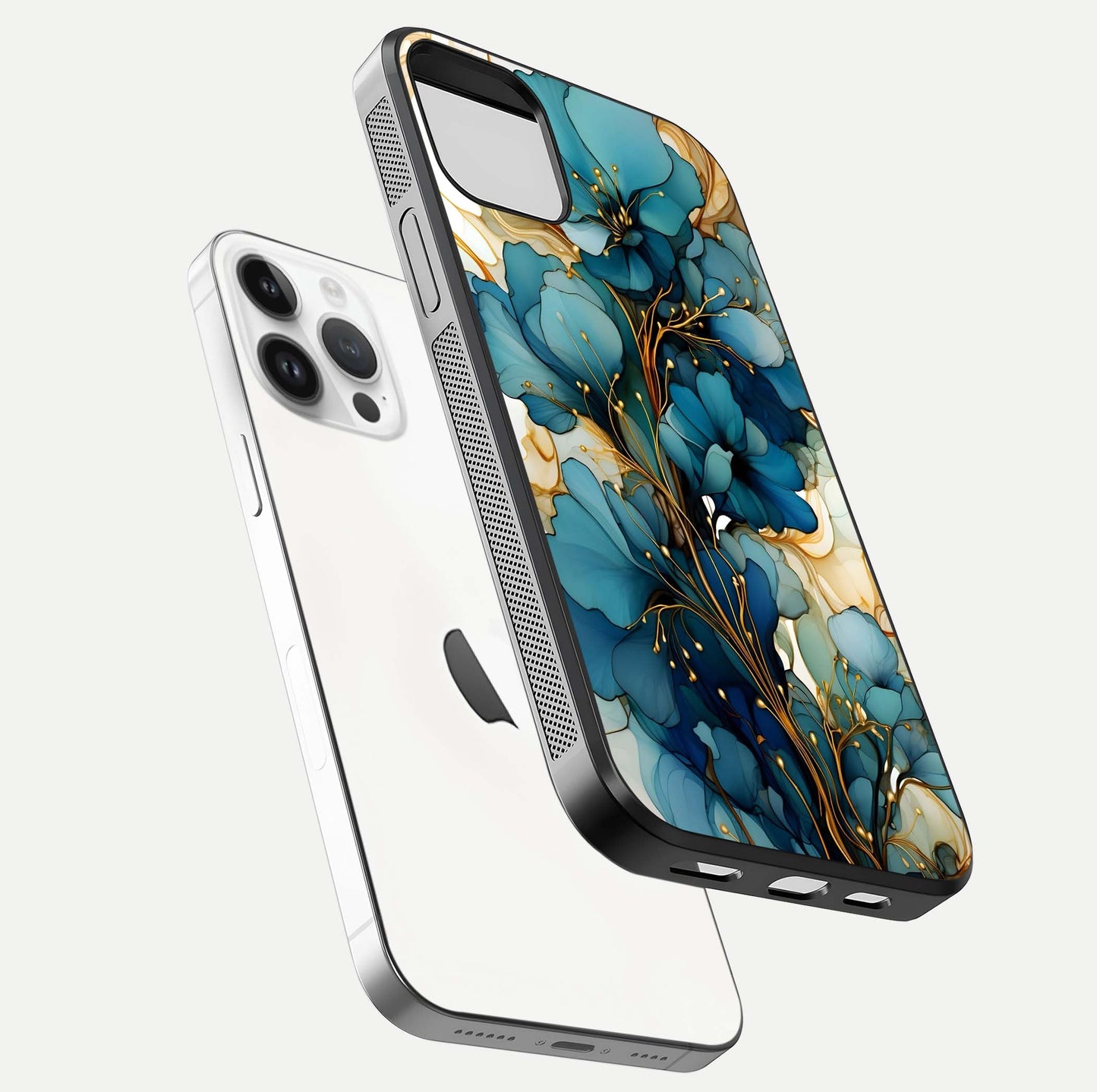 Golden Bloom Symphony Glass Case for iPhone 14 Pro floating dual-view mockup displaying shine texture and luxury pattern