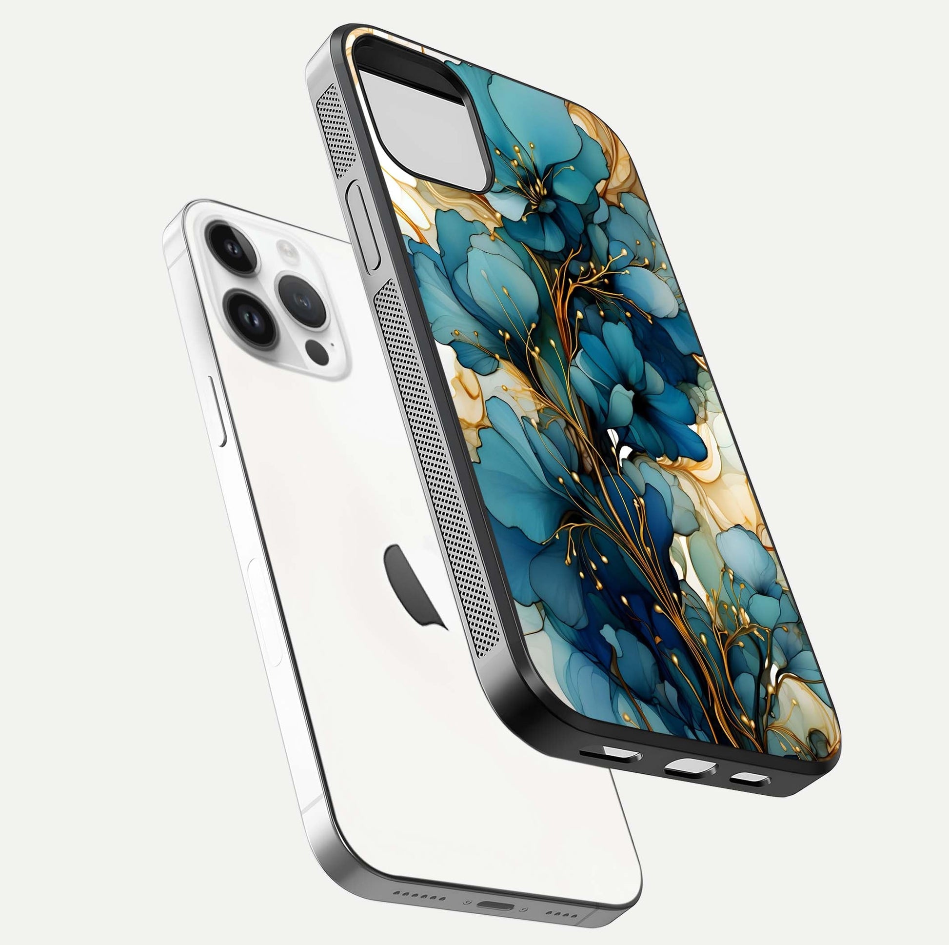 Golden Bloom Symphony Glass Case for iPhone 14 Pro floating dual-view mockup displaying shine texture and luxury pattern