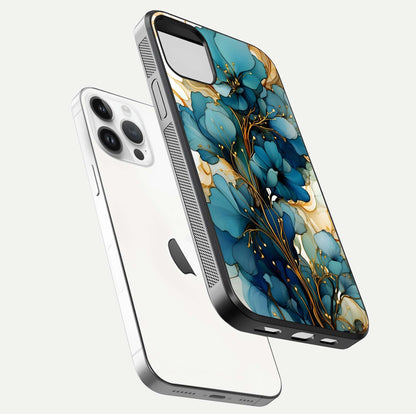 Golden Bloom Symphony Glass Case for iPhone 14 Pro floating dual-view mockup displaying shine texture and luxury pattern