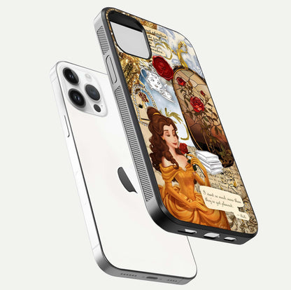 Golden Dream Belle Glass Case for iPhone 14 Pro floating dual-view mockup highlighting gloss texture and elegant shimmer