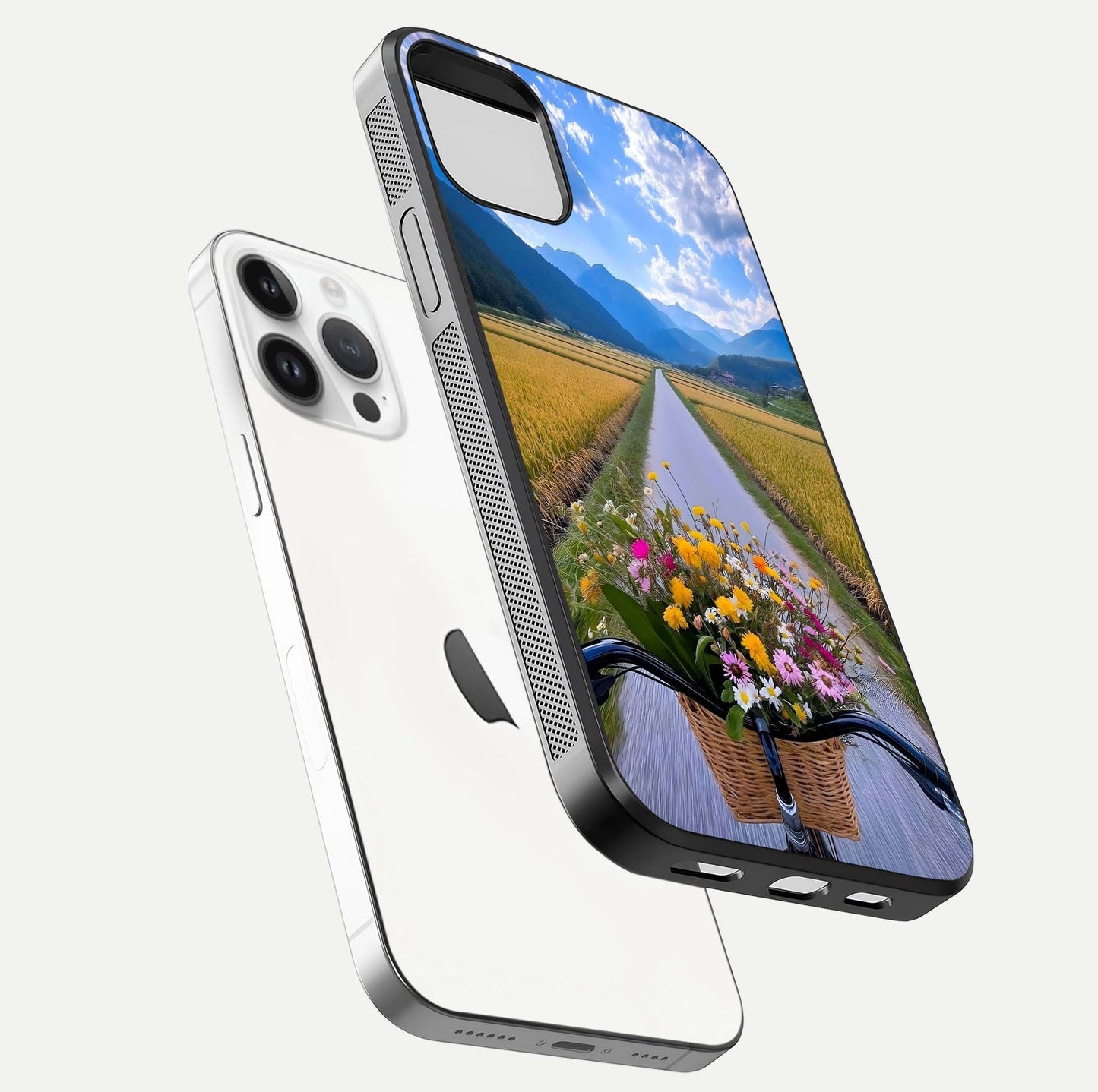 Golden Field Journey Glass Case for iPhone 14 Pro floating dual-view mockup showing gloss surface and field depth