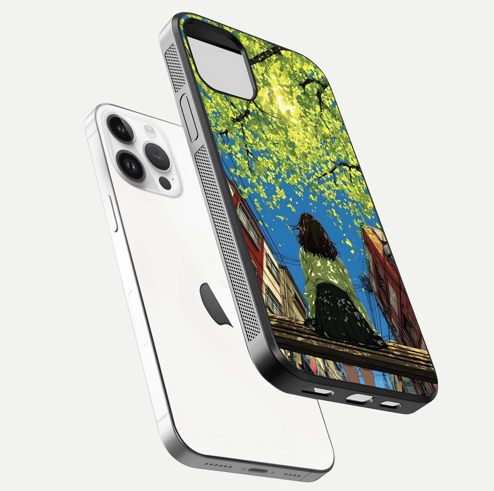 Golden Leaves Glow Glass Case for iPhone 14 Pro floating dual-view mockup showing gloss depth and gold-leaf detail