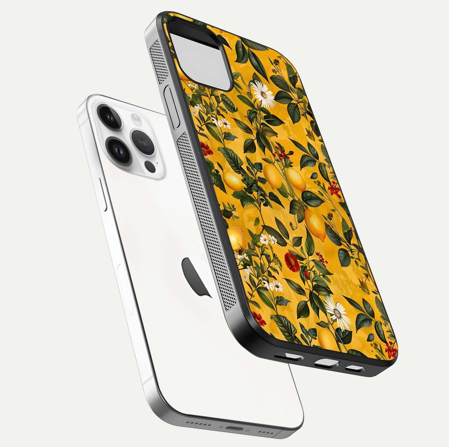 Golden Lemon Field Glass Case for iPhone 14 Pro floating dual-view mockup showing gloss shine and yellow-gold palette