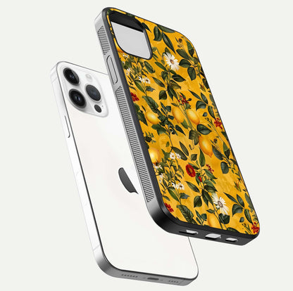 Golden Lemon Field Glass Case for iPhone 14 Pro floating dual-view mockup showing gloss shine and yellow-gold palette