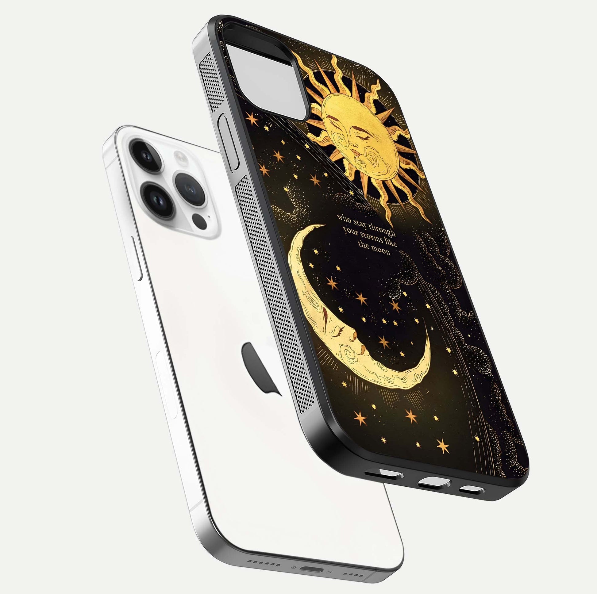 Golden Lunar Love Glass Case for iPhone 14 Pro floating dual-view mockup showing glossy glow and romantic theme