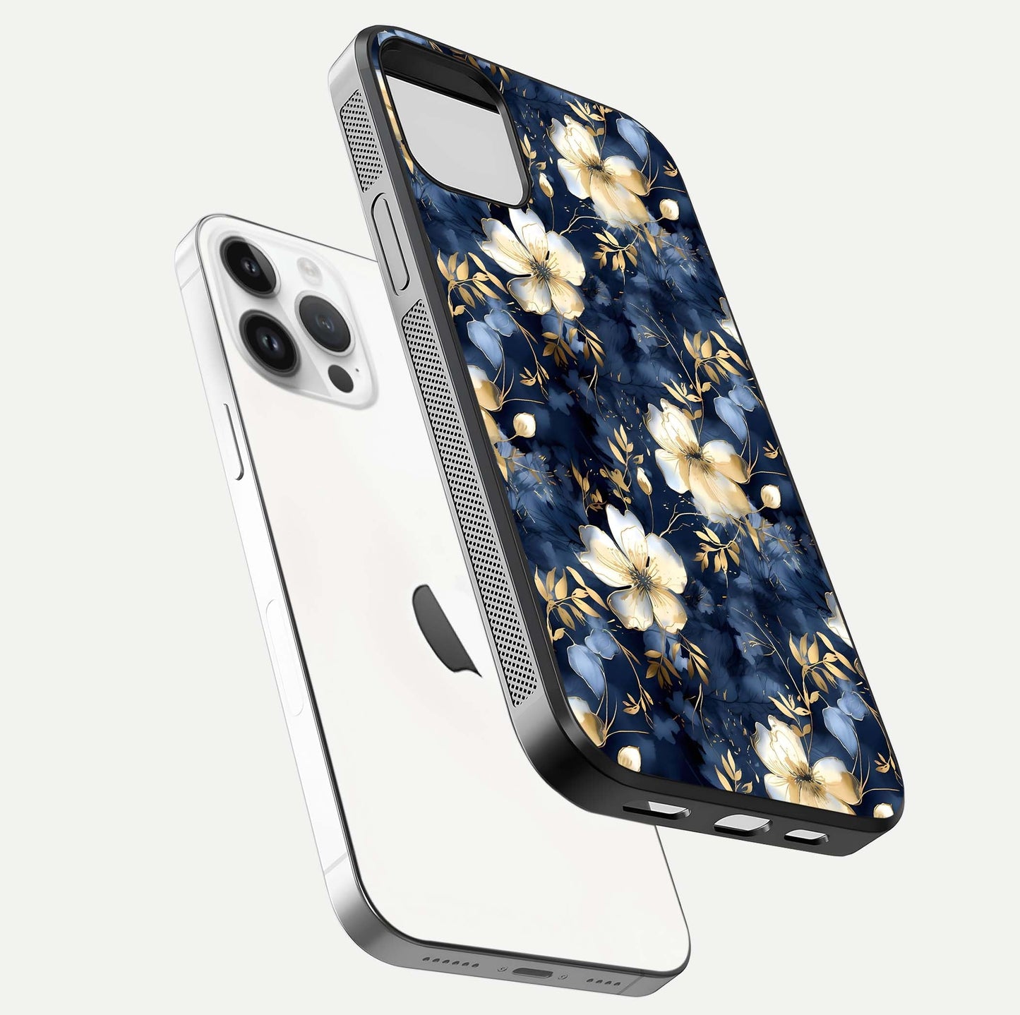 Golden Midnight Bloom Glass Case for iPhone 14 Pro floating dual-view mockup showing gloss polish and metallic reflection