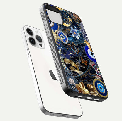 Golden Moon Magic Glass Case for iPhone 14 Pro floating dual-view mockup showing gloss texture and golden illumination