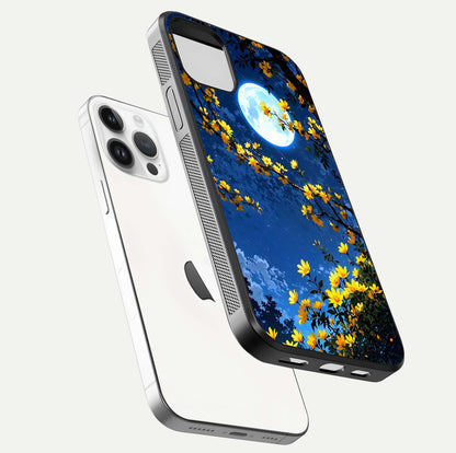 Golden Night Glow Glass Case for iPhone 14 Pro floating dual-view mockup showing gloss polish and luxury shine