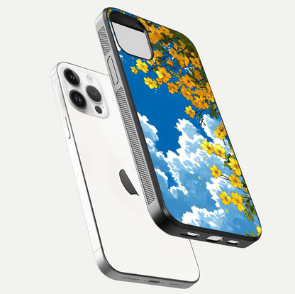 Golden Petal Sky Glass Case for iPhone 14 Pro floating dual-view mockup showing gloss brilliance and gold detail