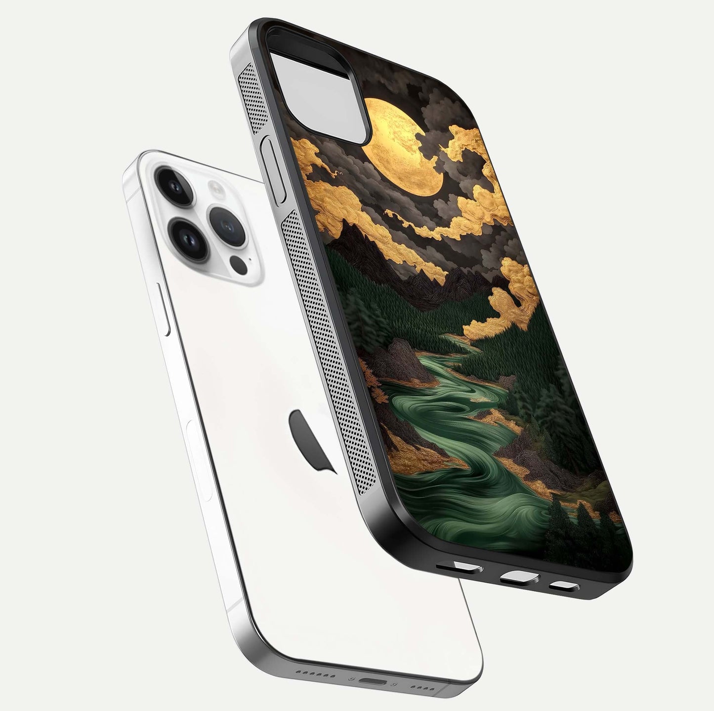 Golden River Moon Glass Case for iPhone 14 Pro floating dual-view mockup showing gloss surface and luxury tone