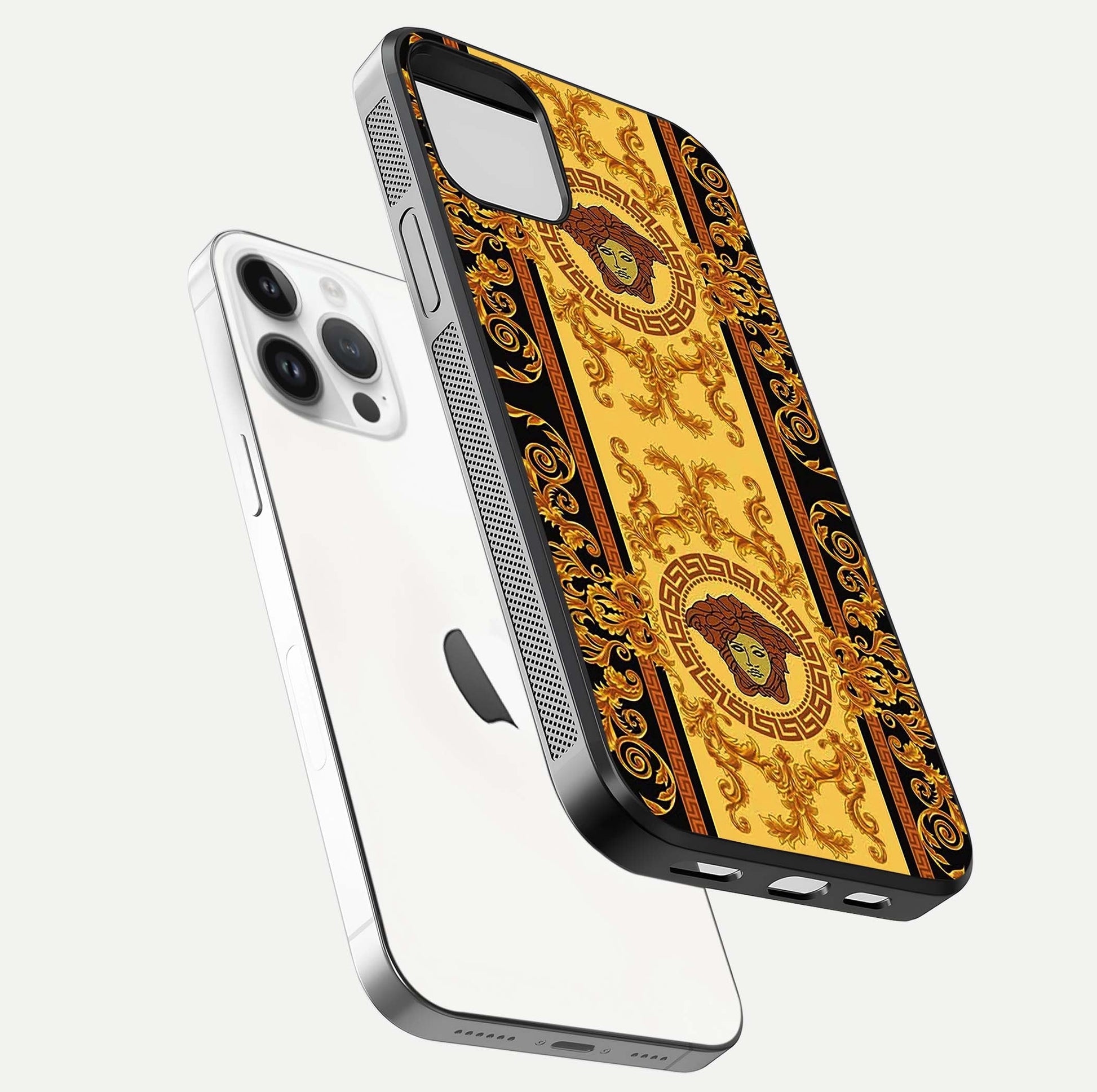Golden Royal Heritage Glass Case for iPhone 14 Pro floating dual-view mockup showing glossy surface and rich regal tone